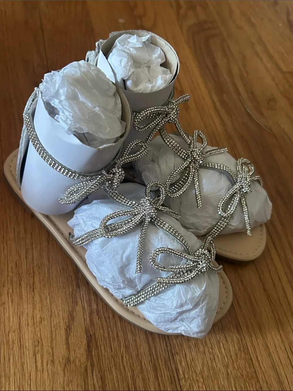Rhinestone Bow T-Strap Leather Flat Sandals in Silver - Sugar NIB 13